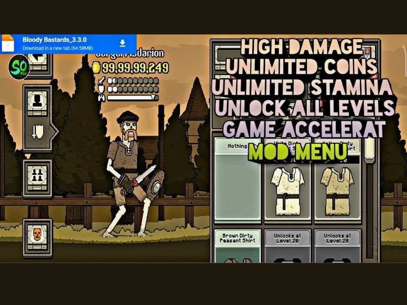 Menu Mod hiển thị các tính năng hack bất tử và sát thương cao