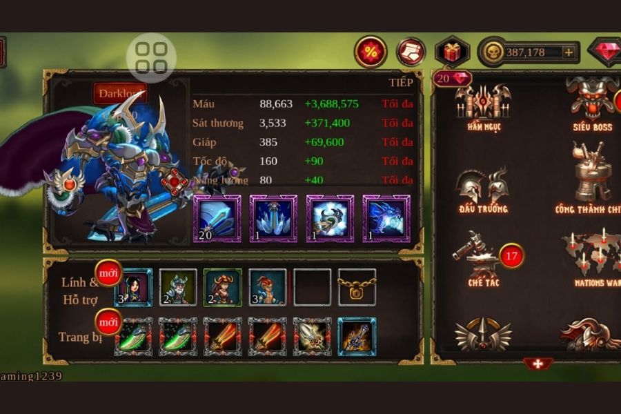 Menu mod epic heroes war tiện lợi tùy chỉnh sức mạnh.