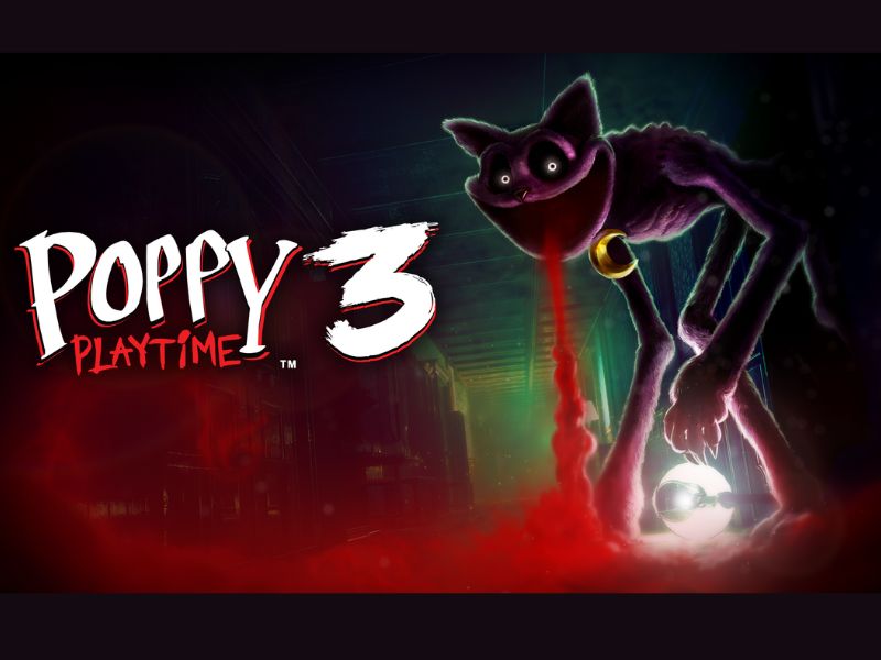 Game Poppy Playtime Chapter 3 Apk với hình ảnh quái vật CatNap trong bóng tối.