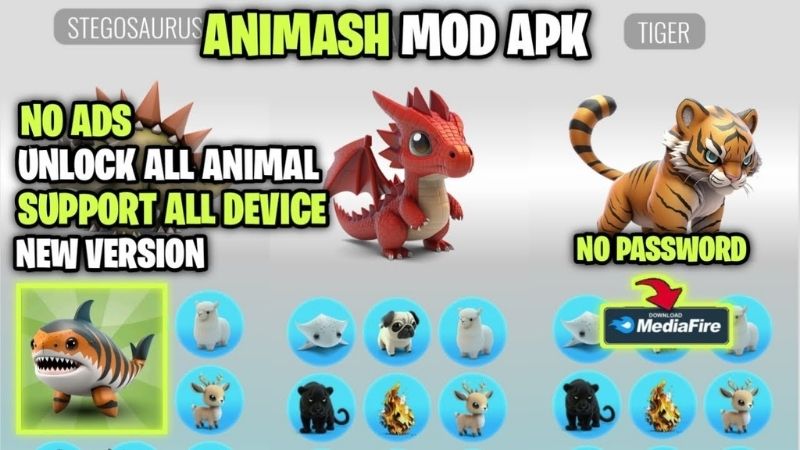 Menu tính năng hack animash bao gồm mở khóa tất cả sinh vật và vô hạn tài nguyên.
